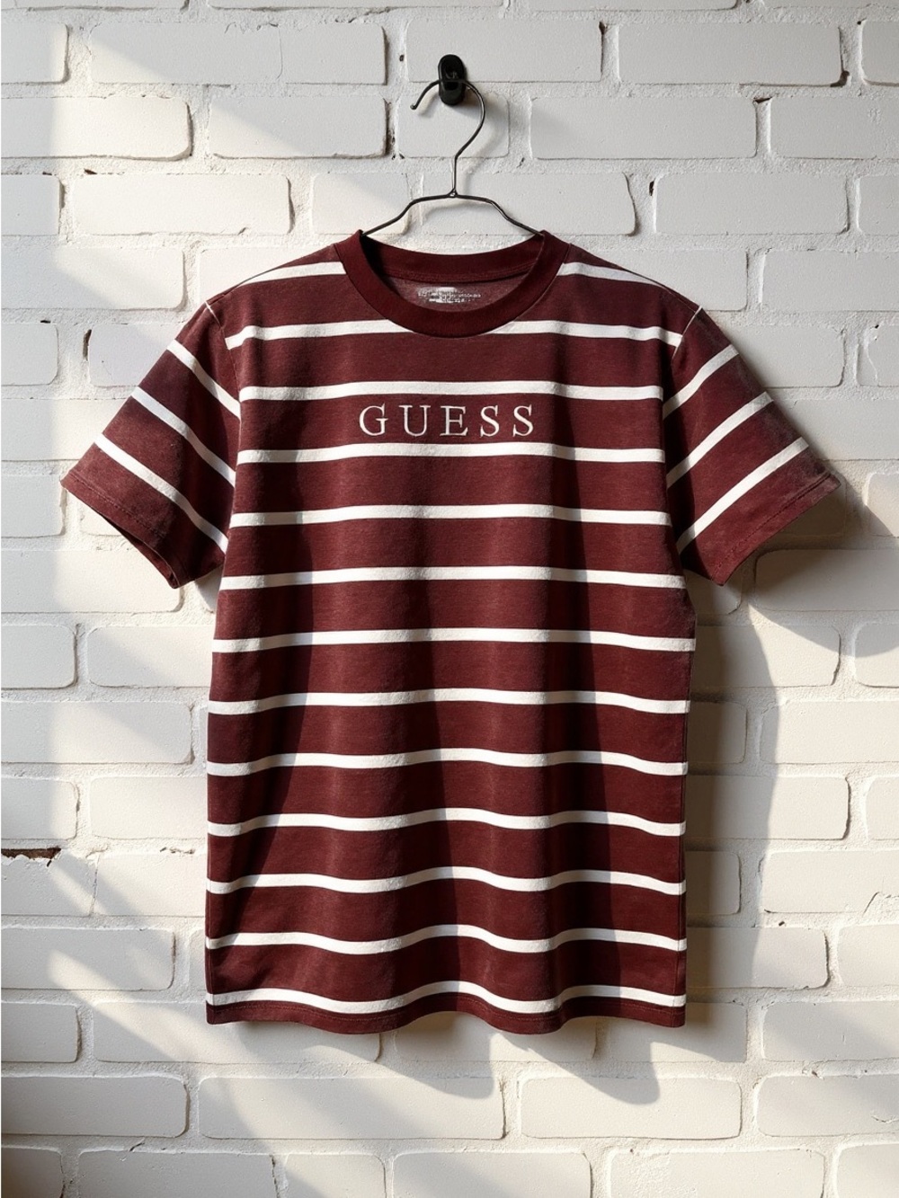Vtg 90s Y2K Guess Jeans Los Angeles Embroider Logo Maroon White Stripe Tshirt XS